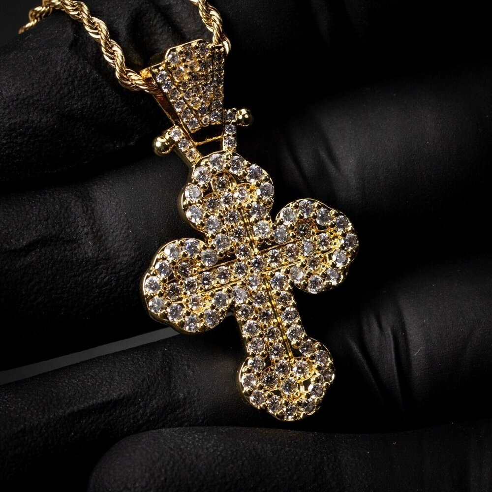 Men's 14K Yellow Gold Honey Comb Set Cz Hip Hop Cross Pendant Chain Necklace